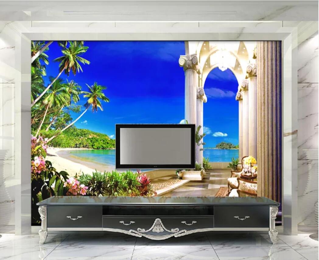 

3d room wallpaper custom photo mural European-style balcony sea view coco beach space expansion 3D background wall wallpaper for walls 3 d, Non-woven fabric