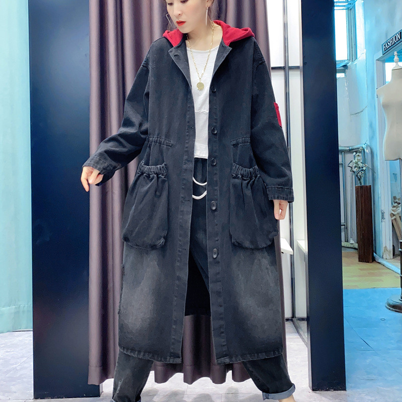 

2020 Spring Autumn Korean Loose Large Size Long Literature Hooded Denim Trench Coat For Women Overcoats G422, Black