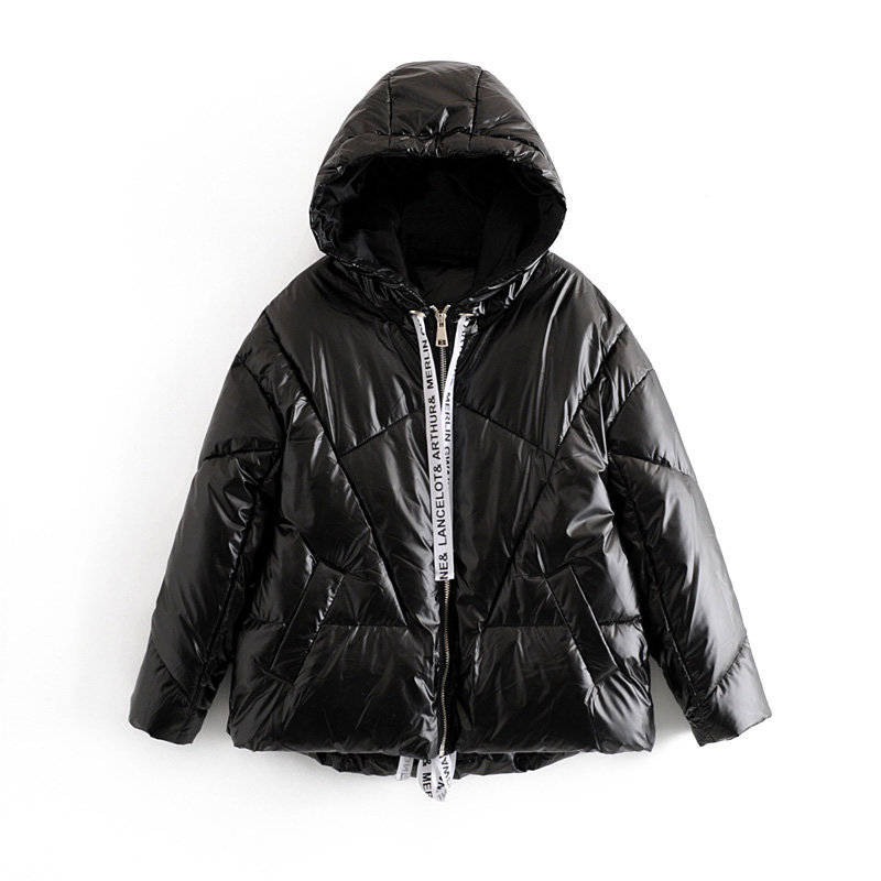 

women winter glossy ribbon hoodied parkas 2019 fashion girls ladies letter solid pockets female warm stylish cotton jackets, Black