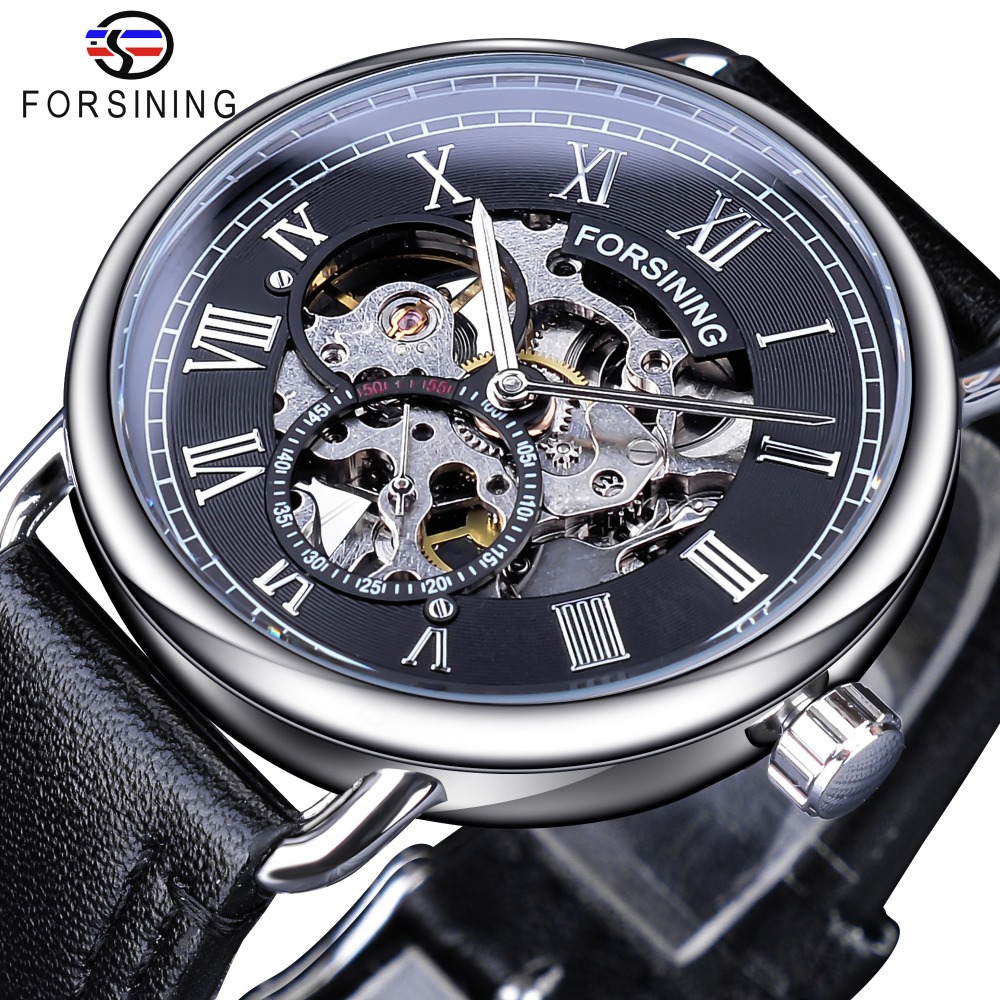 

Forsining Classic Silver Case Black Genuine Leather Band Roman Number Waterproof Design Mens Mechanical Watches Top Brand Luxury, Khaki