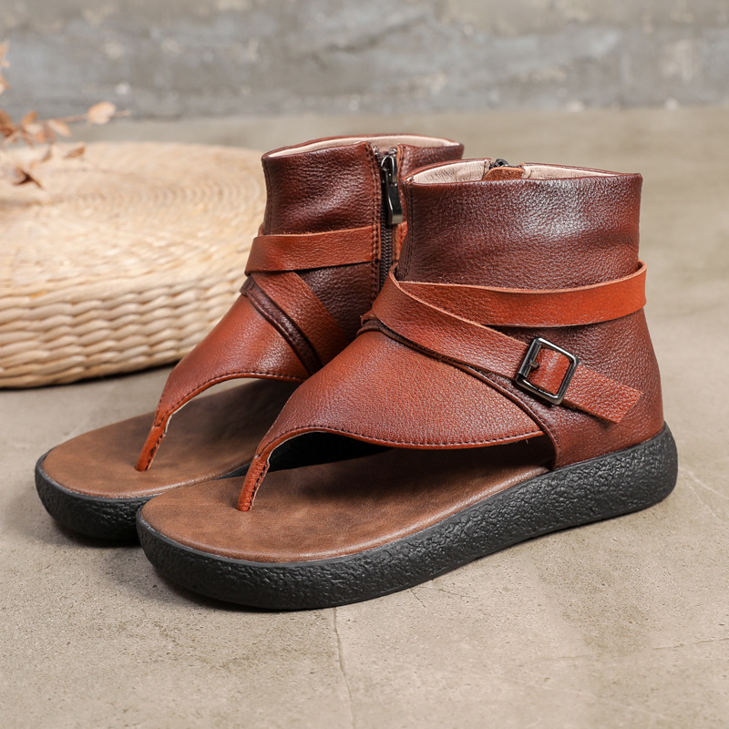 

Gykaeo Retro Women Sandals Ladies Genuine Leather Platform Sandals 2020 Summer Female Flat Shoes Woman Footwear Zapatos De Mujer, Brown