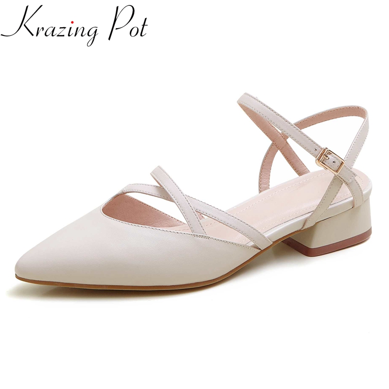 

Krazing pot cow leather pointed toe low heel European design simple style young lady daily wear buckle strap sandals women L05, Beige