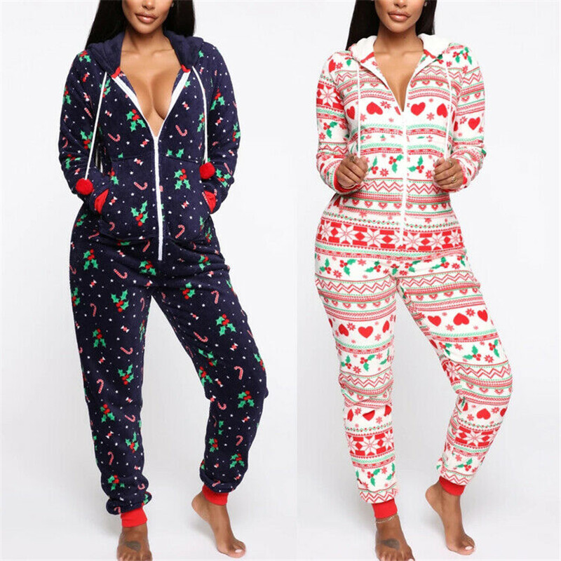 Women&#039;s Christmas Jumpsuit Auutmn Winter Warm Long Sleeve Pajamas Printed Sleepwear Xmas Hooded Nightwear Jumpsuit Pyjamas 2020-image-498133439