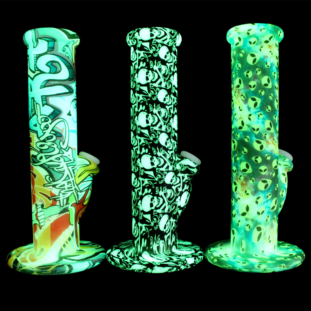 

Glow In The Dark Silicone Bongs 10" Unbreakable Cool Pattern Alien Skull Flag Wax Concentrate Dry Herbs Tobacco Smoking Water Pipes