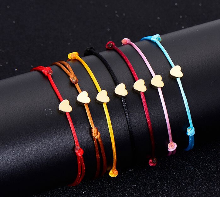 

20pcs/lot new Gold Color Heart Bracelet Silver Handmade Jewelry Multicolor Rope Adjustable String Lucky Bracelet For Women Children