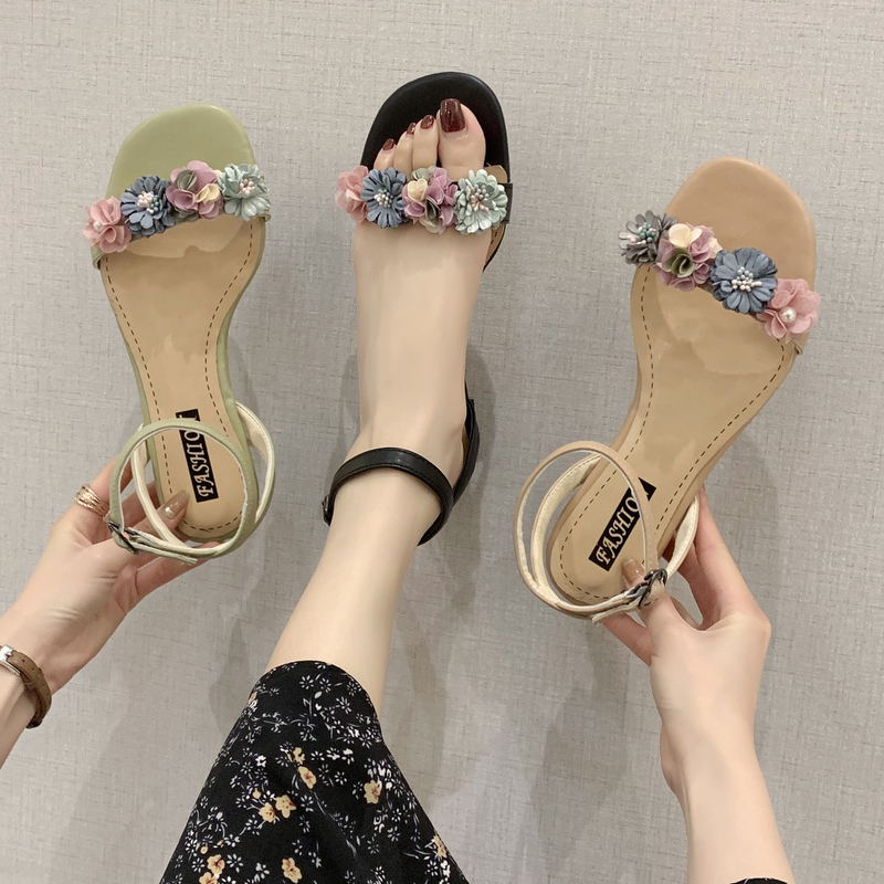 

Sandals Female 2020 Summer Colorful Flower Thick Heel Low Heel Open Toe Flat Sandals Hot Sale Casual Sweet Shoes Beach Style, Black