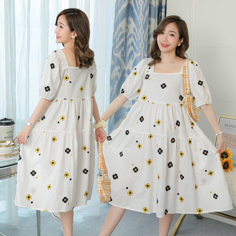 

2036# Maternity Dress Summer comfortable Floral Cotton Short Sleeve Loose Stylish Dress for Pregnant Women Mom, White sunflower