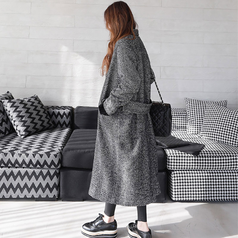 

TREND-Settler 2018 Spring Fashion Casual Striped Wool Coat Women Long Ladies Black Double Breasted Coat for Women, Dark grey