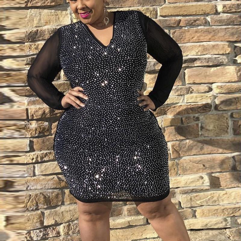 

Plus Size Crystal Dress Clubwear Bodycon Solid V-Neck High Waist Mini Dress Long Sleeve Autumn Evening Party Patchwork #33, Black