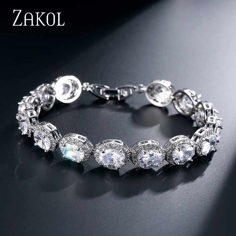 

Link, Chain ZAKOL Luxury White Color Men Bangles Bracelets With Oval Zircon Stone For Women Fashion Zirconia Crystal Wedding FSBP126