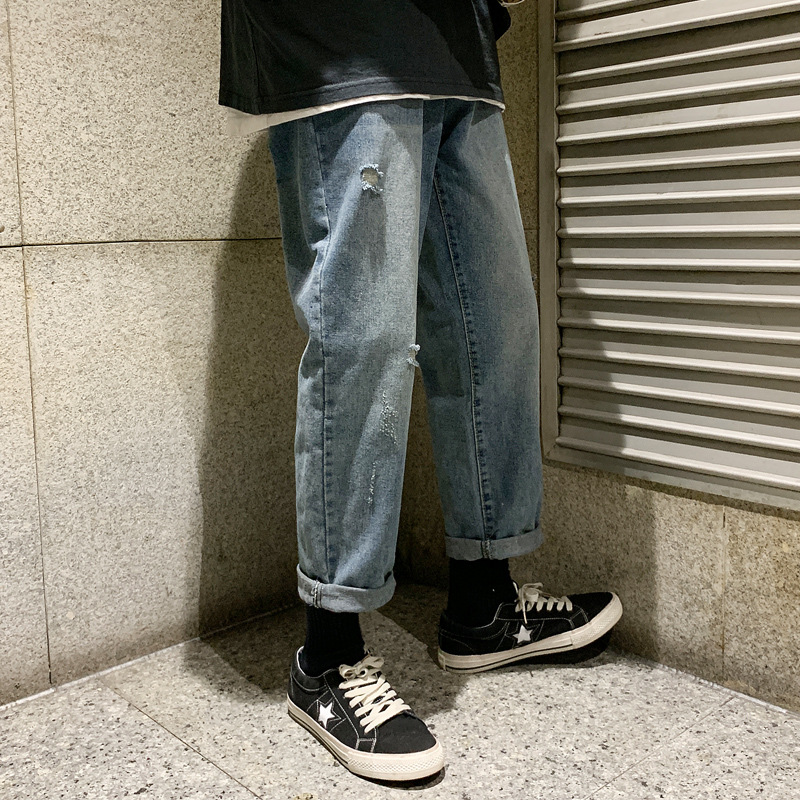 

Wholesale 2020 Denim jeans men' straight brand wide leg daddy pants loose retro washed casual ankle length long jeans men, Blue