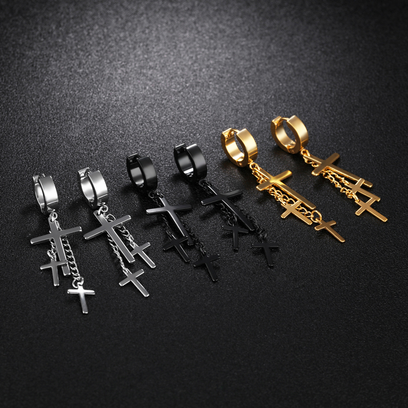 

Fashion Hot Sale Three Crosses Dangle Earrings for Women Men Hip Hop Style Unisex Accessories Stainless Steel Jewelry