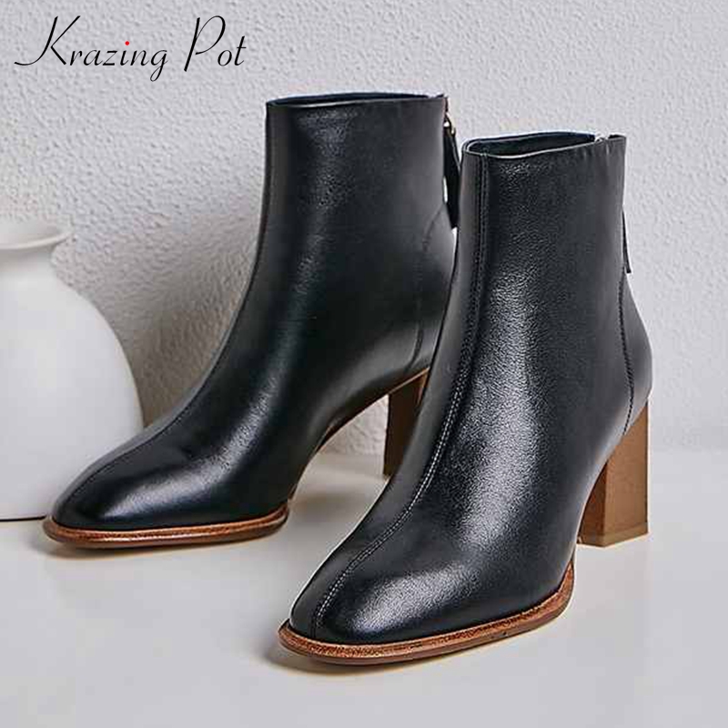 

krazing pot new arrival cow leather wooden thick high heels round toe handmade keep warm big size runway modern ankle boots l0f1, Beige