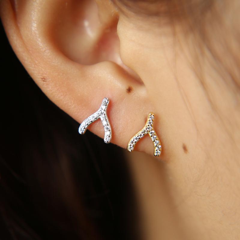 

Charm Fashion CZ Y Shape Earrings Paved Wish Bone Daughter Gift 925 Sterling Silver Mini Cute Minimal Simple Earring