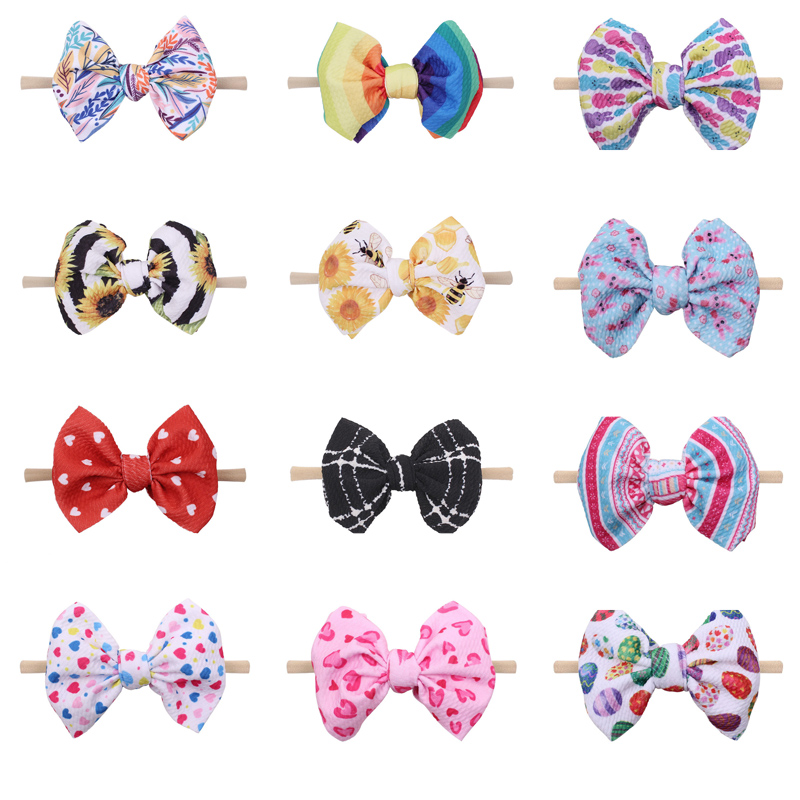 

Kids Girls Printed Hairband 4.5 Inch Waffle Nylon Headband Infant Baby Cartoon Printed Hair Band Kids Big Bows Party Hairdress 060521, Remark or mixed color