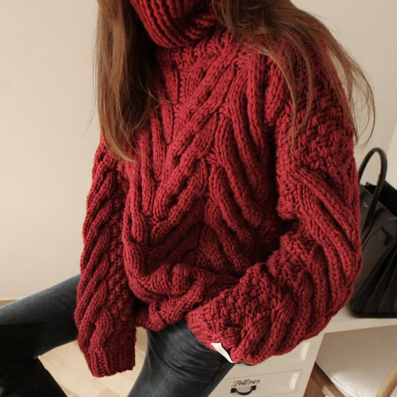 

2020 High Neck White Red Autumn Women Sweater For Women Long Sleeve Turtleneck Korean Warm Thick Female Oversized Fashion New