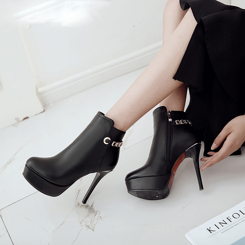 

New High Heels Ankle Women Boots Metal Decoration Round Toe Footwear Zip Female Boot Platform Shoes Women