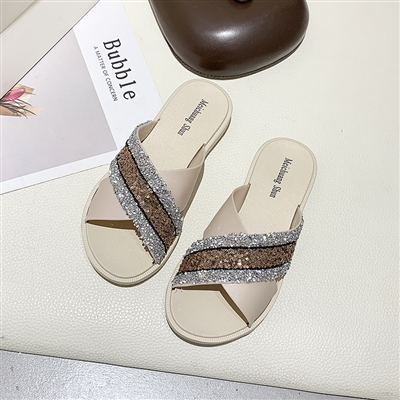 

Sandals Women 2020 Summer Flat Bottom Cross Shiny Outer Wear Wild Non-slip Slippers Slippers Size 36-40 Black Beige Pink