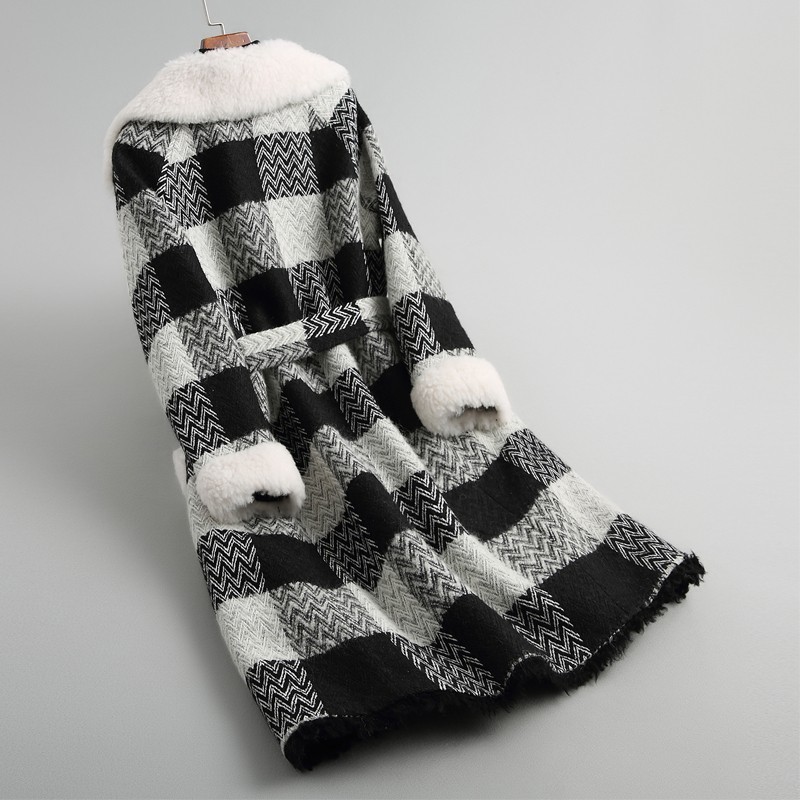 

Winter Elegant Drawstring Waist Womens Woolen Overcoats Medium Length Fleece Lining Thick Warm Office Ladies Plaid Tweed Coats, Black white plaid