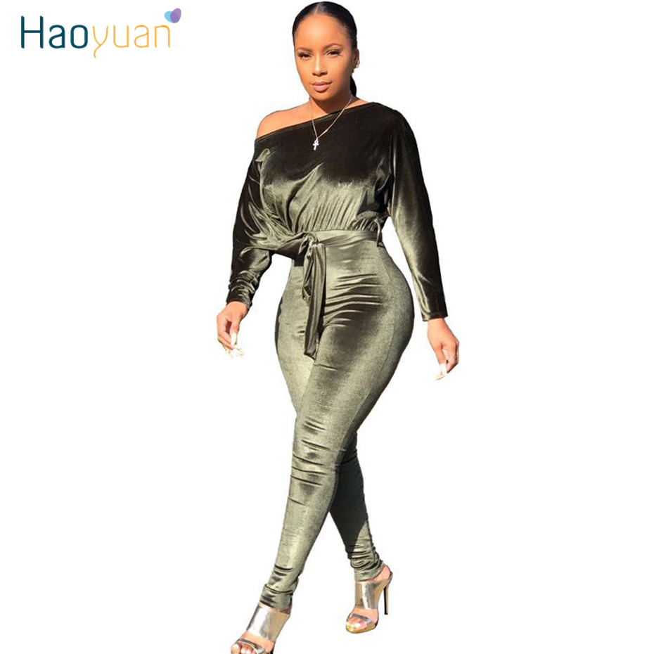 HAOYUAN Sexy Stretch One Shoulder Velvet Rompers Womens Jumpsuit 2020 Fashion Clothing Body Overalls One Piece Bandage Jumpsuit CX200608