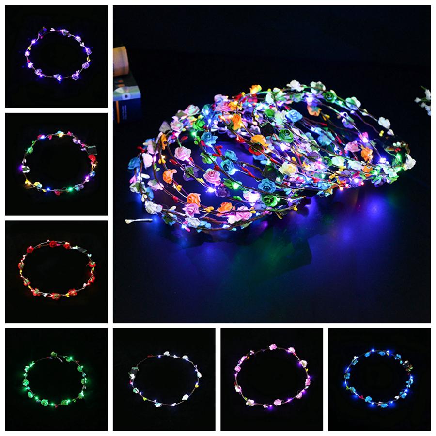 

Flashing LED Strings Glow Flower Crown Headbands Light Party Rave Floral Hair Garland Luminous Wreath Wedding Flower Favor RRA2622