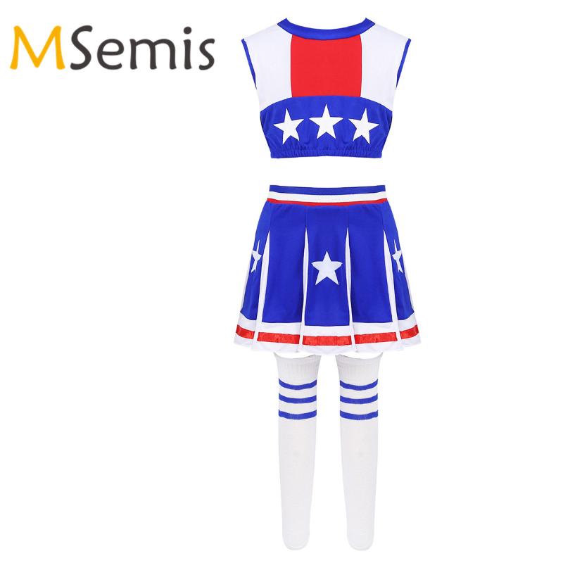 

Kids Girls Cheerleader Costume Outfit Stars Printed Cheerleading Crop Top with Skirt and Socks Schoolgirl Cheerleading Uniform