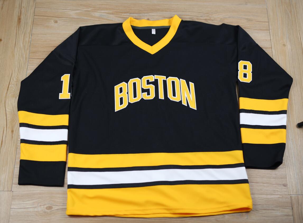 

Vintage Boston Bruins 18 Happy Gilmore Hockey Jersey Black White Men Movie Stitched CCM Size S-XXXL, As picture show
