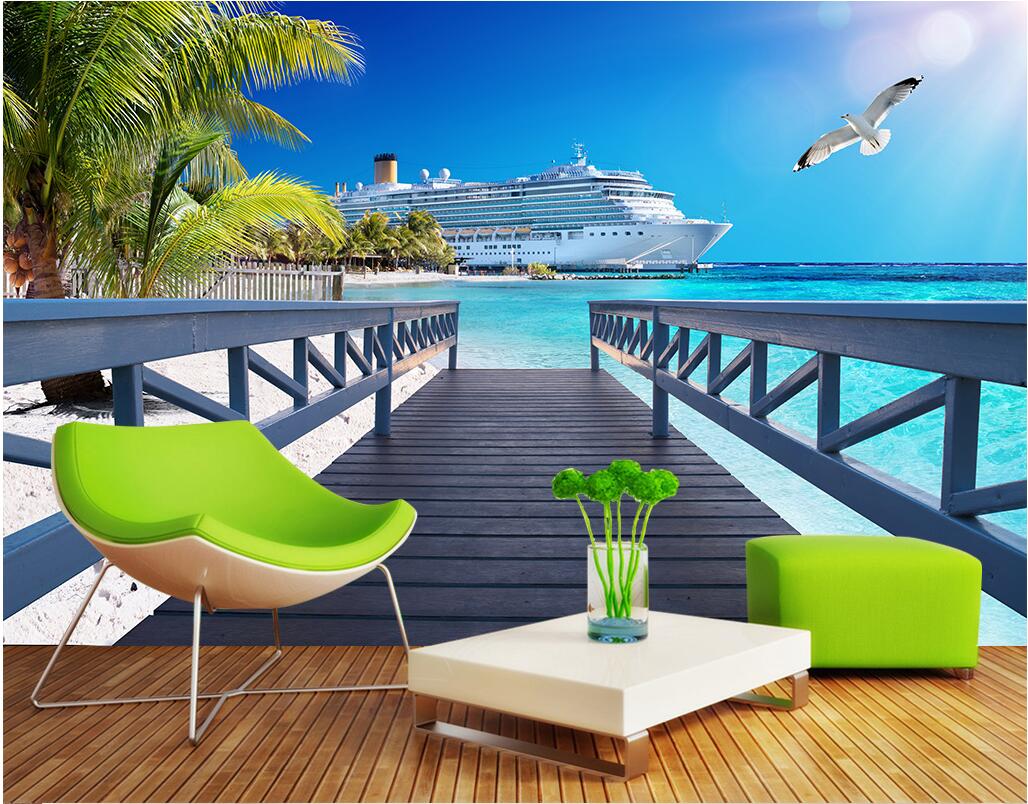 

3d wallpaper custom photo Seaside boat wooden bridge scenery tv background living room Home decor 3d wall murals wallpaper for walls 3 d, Non-woven