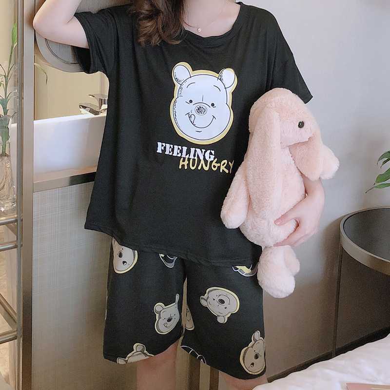 

Caiyier Women Thin Pajamas Set 2020 Summer Cartoon Bear Short Sleeve Sleepwear Casual Girl Nightwear O-Neck Leisure Homewear, White snow