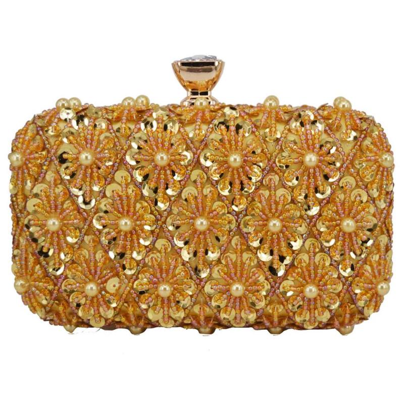 

Fashion Beaded Wedding Bridal Bags Golden Pink Pearl paillette Clutch Bags for Female Wallet Clutch Evening Purses, Gold
