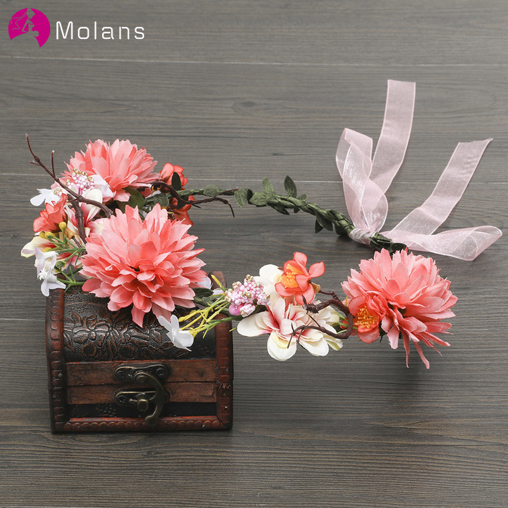 

MOLANS Lovely Cute Flower Crown Stimulation Leaves Bow Ribbon Hairbands for Bride Handmade Woven Rattan Women Wedding Headpiece