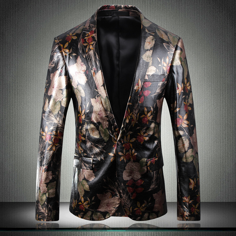 

2020 fashion leather blazer for men single breasted good quality long sleeve floral men blazer printed, Black
