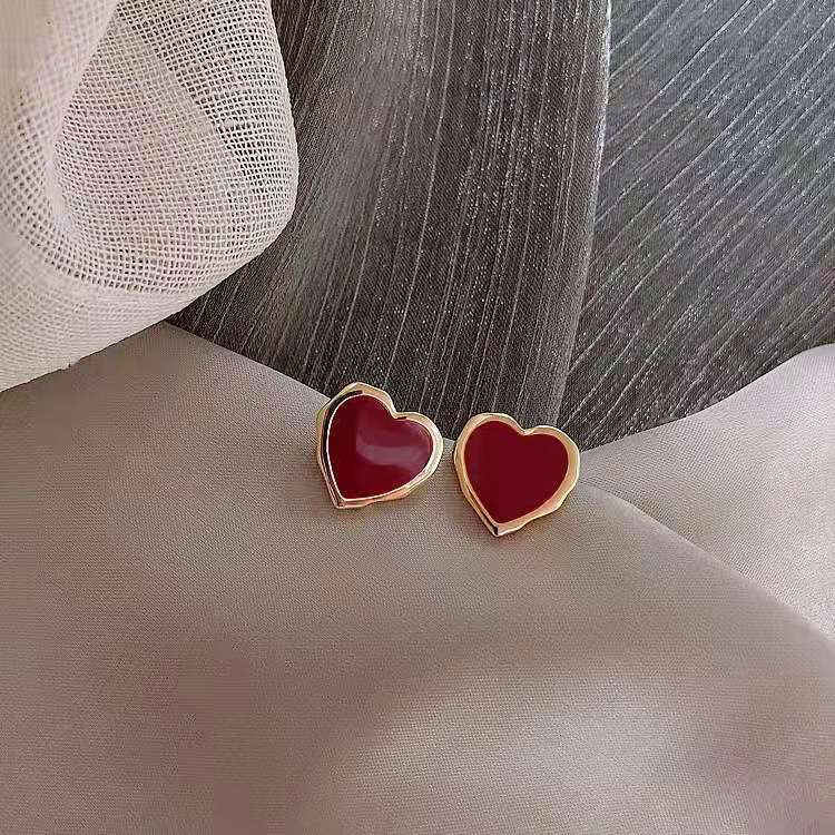 

red heart stud earrings for women luxury designer womens wine red love heart ear studs french style s925 silver needle jewelry love gift gf