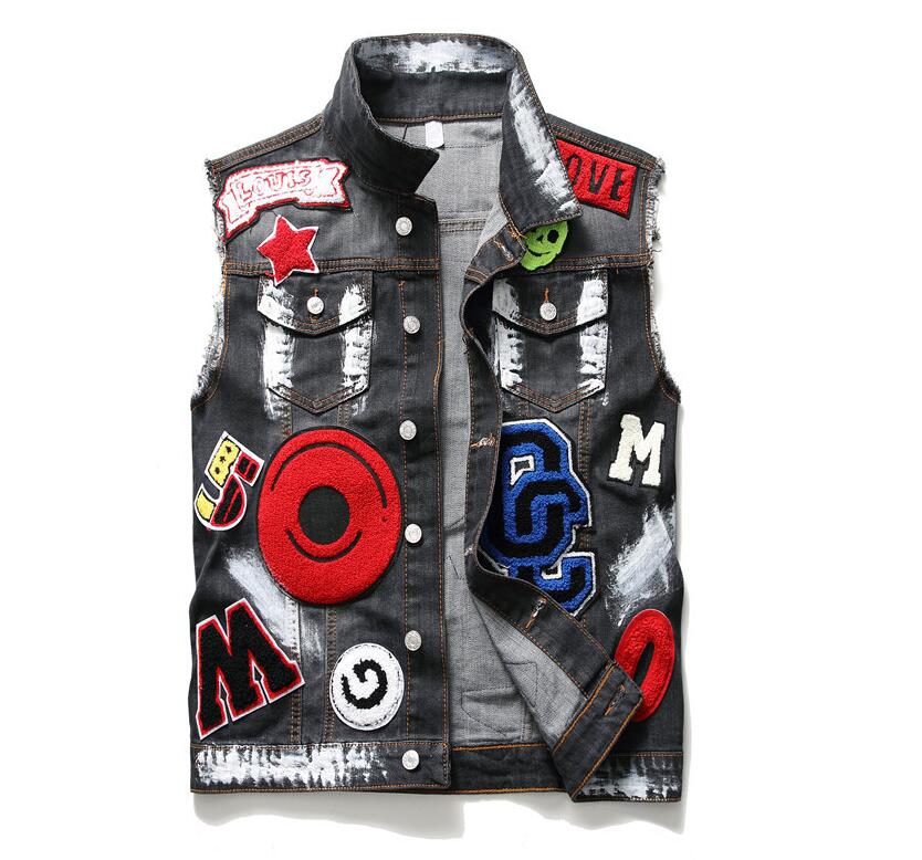 

Classic Vintage Men More Badge Denim Vest Tops Sleeveless Jeans Jacket Slim Fit Painted Fashion Designer Letters patchwork Waistcoat 910, Black