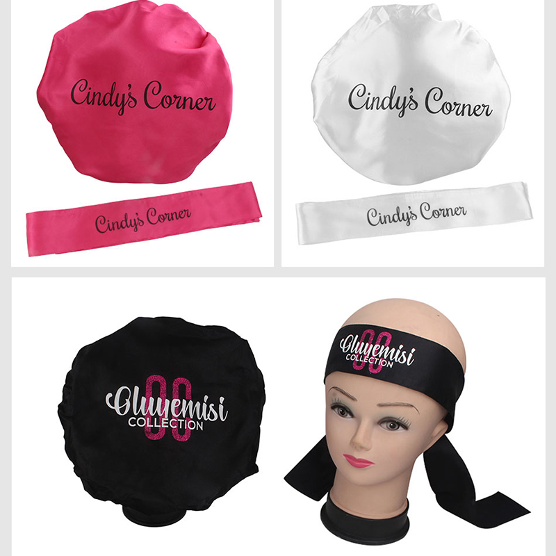 

Customized logo brand name Hair Care Bonnet Nightcap Frontal Head Wrap Edge headband Scraf Virgin satin silk bags vendors