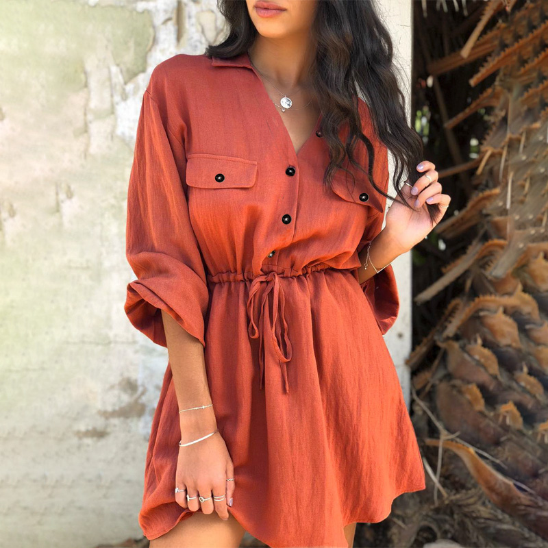 

Vintage elagant women mini shirt dress Casual lantern sleeve short dress Turndown collar lace up linen female dresses