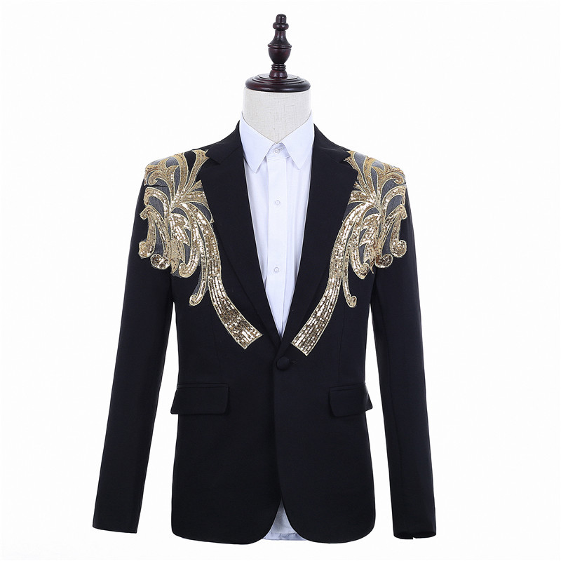 

Gold Sequin Party Men Suit Slim Fit Dress Blazers Graduation Wedding Groom Formal Suit Jacket Men Singer Host Stage Costumes, Black