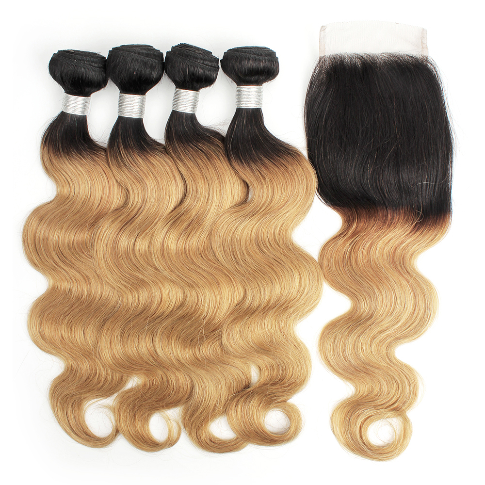 

KISSHAIR T1B27 Dark Root Honey Blonde Extensions Body Wave Ombre Human Hair Weave 4 Bundles with Lace Closure Colored Brazilian Virgin Hair, T1b/27