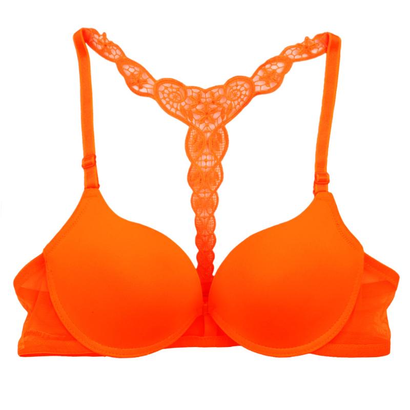 

Fashion Women Bra Front Closure Sexy Lace Racer Back Smooth Surface Push Up Underwear Lingerie, Black