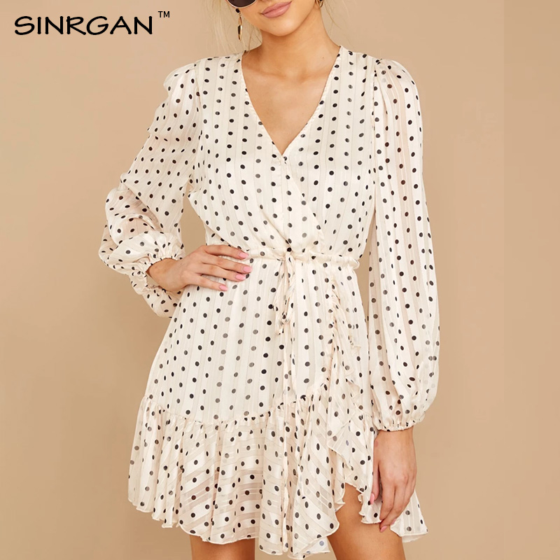 

SINRGAN White Dot Embossing Elegant Dress Casual Ruffles Gold-Lined Translucent Dress V neck Long Sleeve Autumn Sashes dresses