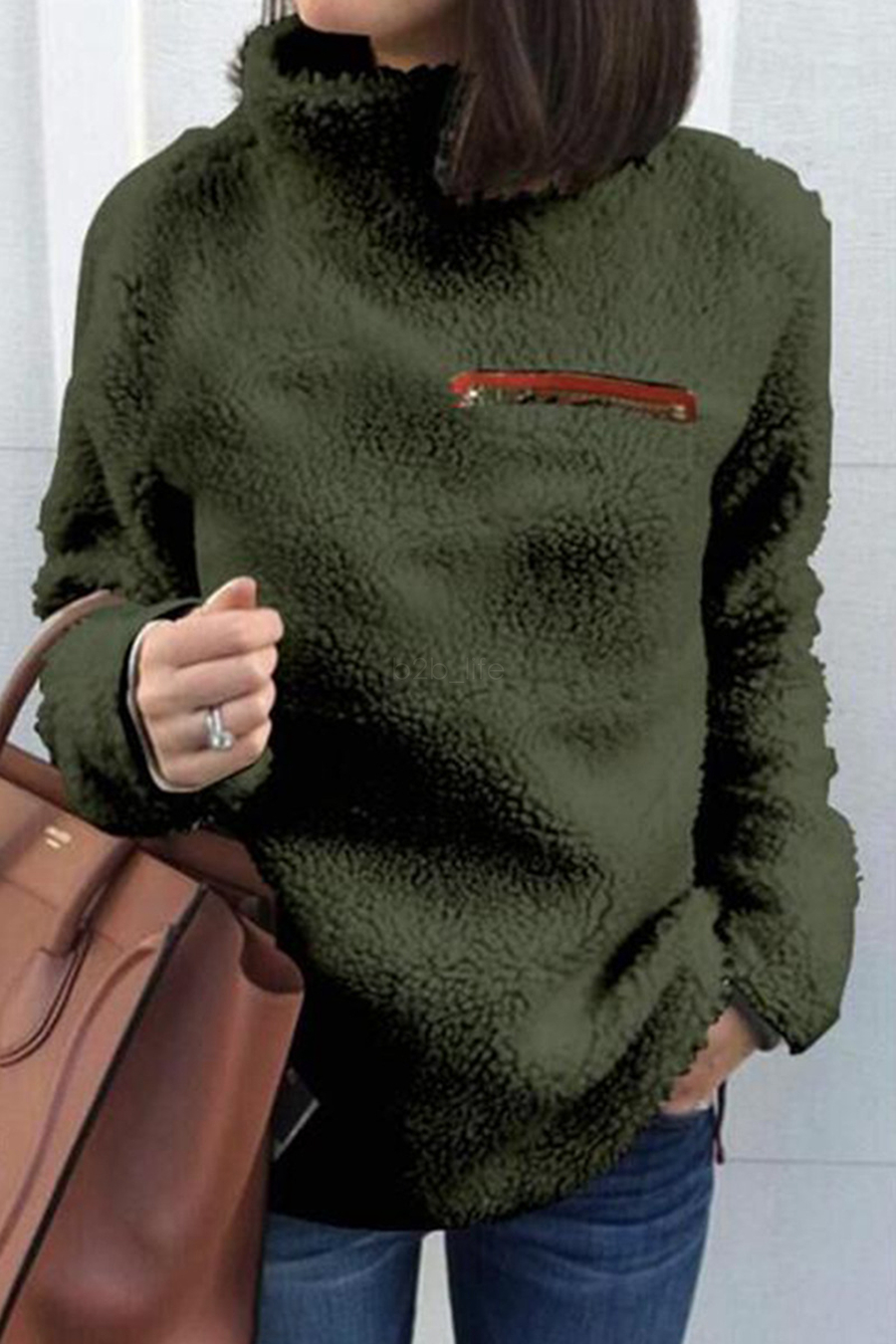 

Fashion- Pullover Long Sleeve solid warm winter Zipper Sherpa plush Sweatshirt Soft Fleece Pullover Outwear Turtleneck Tops Hoodie LJJA2656, Beige