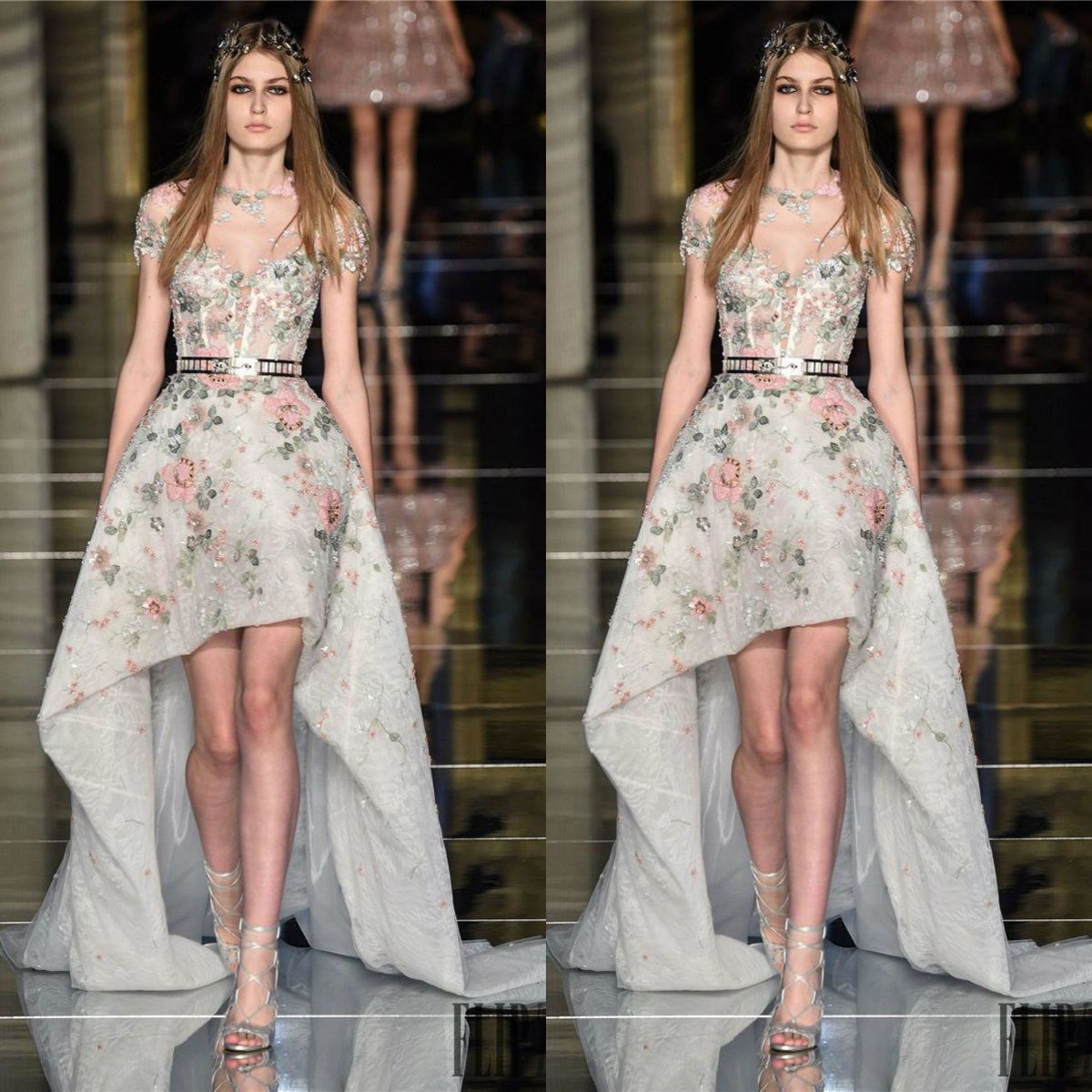 

Zuhair Murad High Low Prom Dresses With Short Sleeves Sheer Jewel Neck A-Line Lace Formal Gowns Flowers Appliqued Party Dress For Women, Light yellow