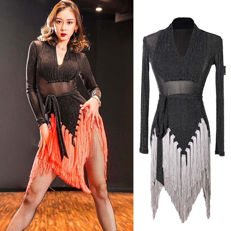 

Latin Dance Dress Women Sexy Tassel Long Sleeve Ballroom Rumba Cha-Cha Samba Dance Dresses Lady Practice Dancing Costume DWY1229, As picture