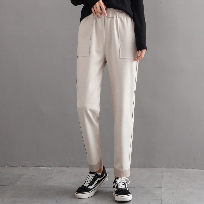

The White With Embroidery Harlan Elastic Waist Big Yards Long Leisure Trousers