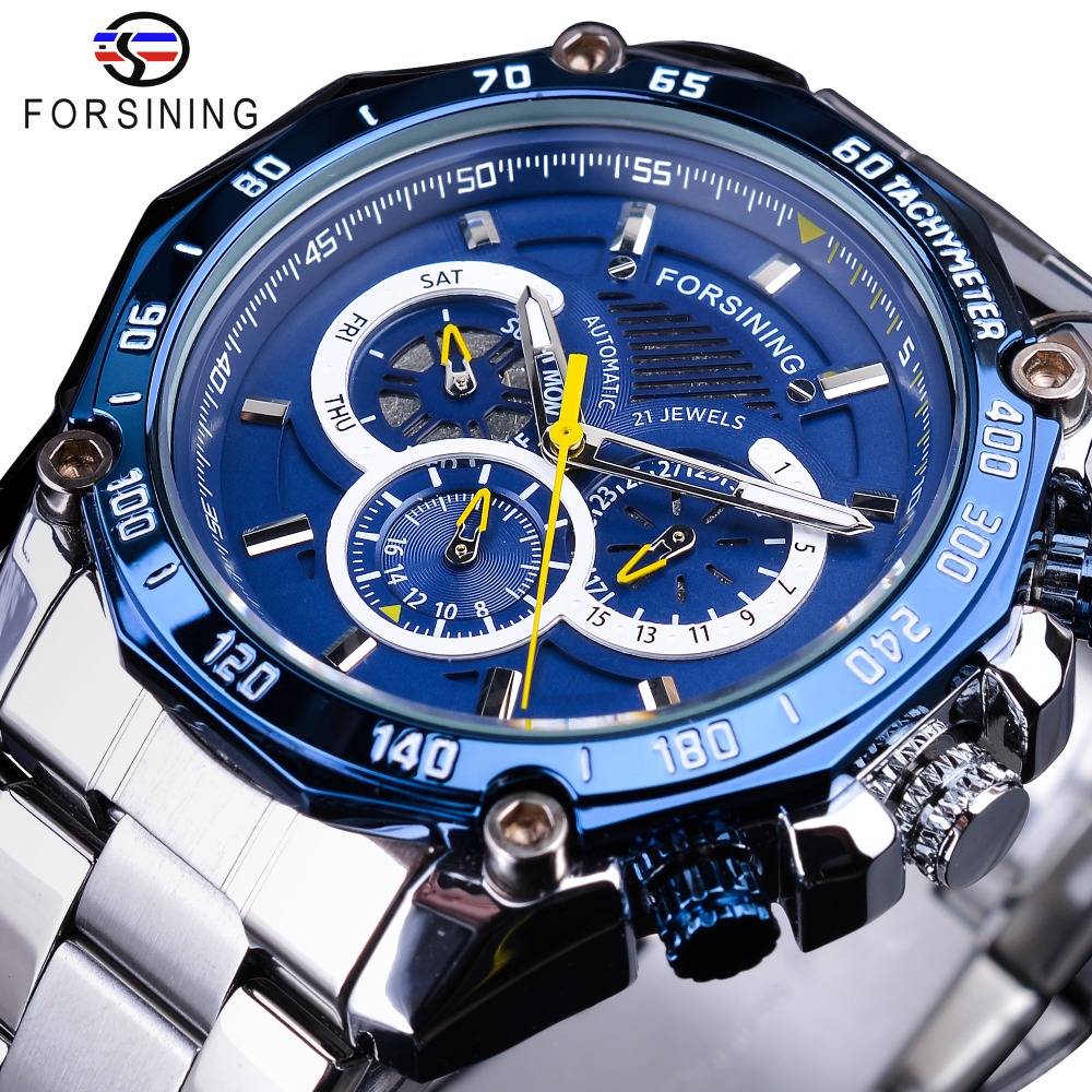 

Forsining 2019 New Blue Design Complete Calendar 3 Small Dial Silver Stainless Steel Automatic Mechanical Watches for Men Clock, Khaki