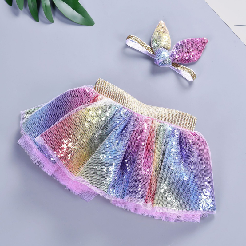 

New Kids Baby Rainbow skirt + hair band Star Glitter Dance Tutu Skirt For Girl Sequin Tulle Toddler Pettiskirt Children Chiffon, Purple