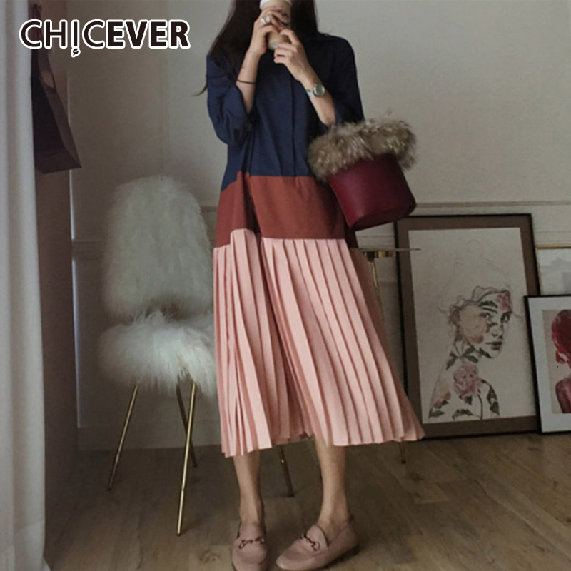 

CHICEVER Korean Patchwork Hit Color Dress Female Lapel Collar Long Sleeve Oversize Loose Midi Pleated Dresses Women 2020 Fashion, Green