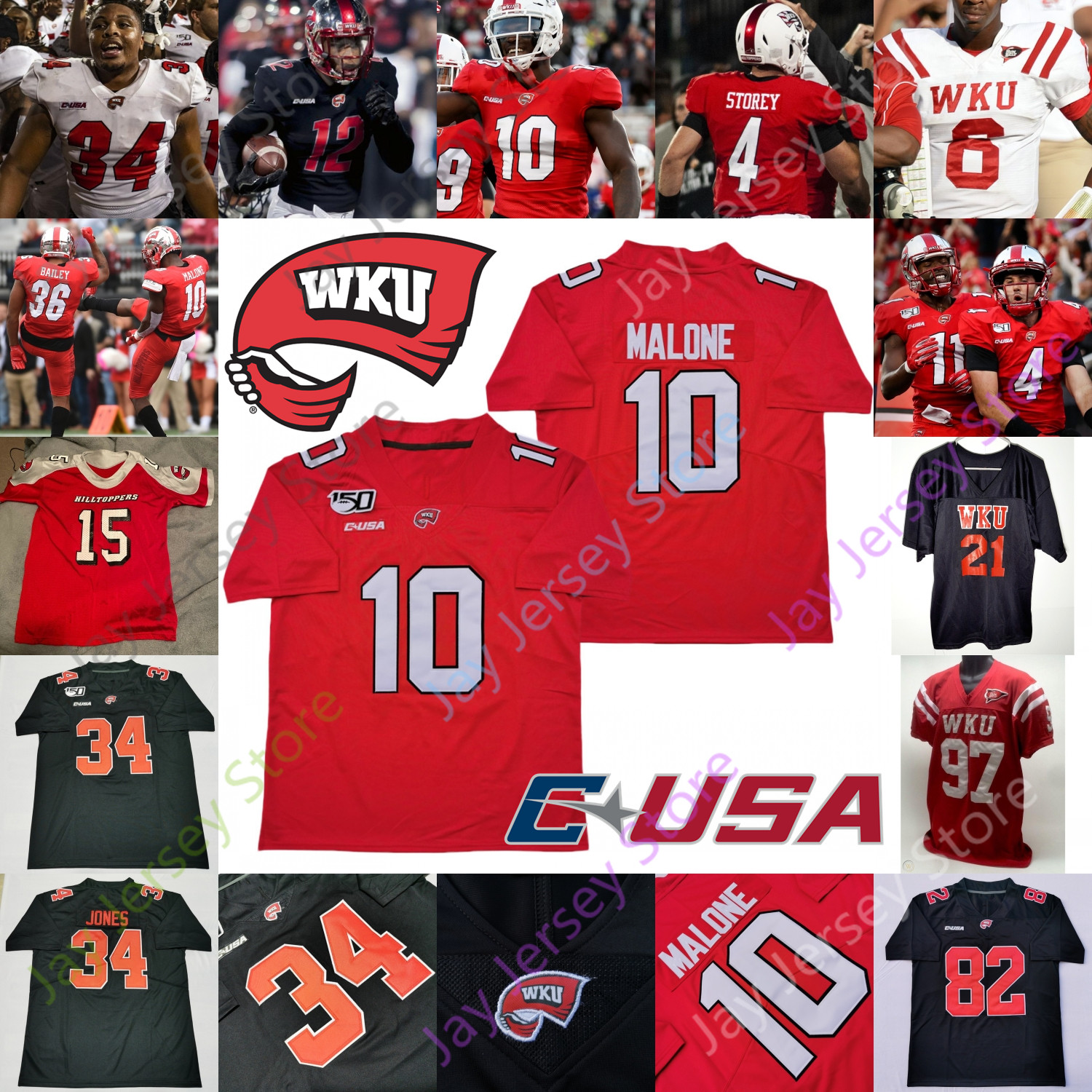 

Custom Western Kentucky Hilltoppers WKU Football Jersey NCAA College Ty Storey Steven Duncan Gaej Walker Tyrrell Pigrome Mitchell Tinsley, Black