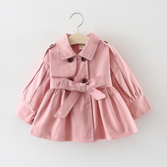 

New Childrens Clothing Girl Autumn Princess Coat Solid Color Medium-long Single Breasted Trench Baby Outerwear, Pink