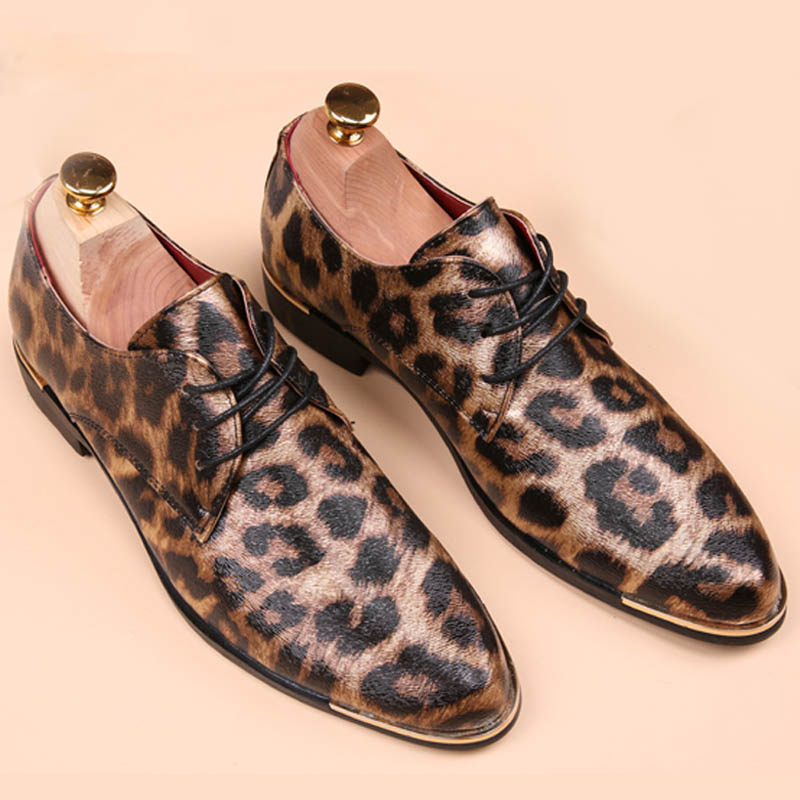 

New British Mens Pointed Toe Leopard Print Lace Up Punk Casual Dress Shoes For Man UK Hot Fashion Wedding Shoes Yellow, Black